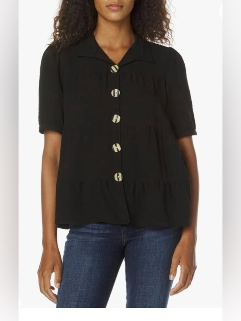 John Mark Black Button-Front Short Sleeve Tiered Ruffle Top Blouse Size Large
